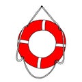 Beautiful hand drawn vector illustration of one red plastic boat lifebuoy with a rope isolated on a white background Royalty Free Stock Photo