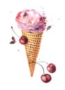 Beautiful hand drawn watercolor illustration cherry ice cream