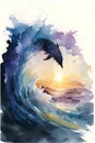 Beautiful hand drawn watercolor illustration of a dolphin jumping out of the ocean. Royalty Free Stock Photo