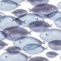 Beautiful hand drawn watercolor seamless pattern with blue sea fish on the white background. Royalty Free Stock Photo