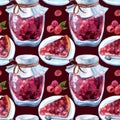 Beautiful hand drawn watercolor seamless pattern with jam in jar Royalty Free Stock Photo