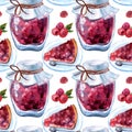 Beautiful hand drawn watercolor seamless pattern with jam in jar