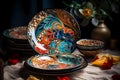 Beautiful hand painted ceramic plates on the table. Mezen painting