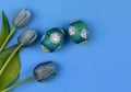 Beautiful hand painted easter eggs with blue tulips top view stock images Royalty Free Stock Photo