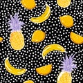 Beautiful hand sketch summer fruit lemon,pineapple,banana,seamless pattern vector layer on painting white polka dots for fashion