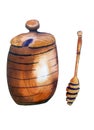 Beautiful handdrawn watercolor ilustration. Wooden honey pot and honey spoon.