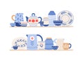 Beautiful handmade ceramics on shelves flat vector illustration. Clean dishes. Decorative tableware isolated on white