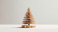 Beautiful handmade Christmas tree on wooden stand grey background. Zero waste environment friendly concept. Minimalist style.