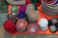 Beautiful handmade coasters and doormats made by jute is displayed in a shop for sale in blurred background. Indian handicraft Royalty Free Stock Photo