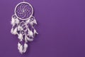 Beautiful handmade dream catcher on purple wall. Space for text