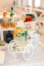 Beautiful handmade fresh lemonade bottles on a wedding table Royalty Free Stock Photo