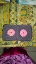 Beautiful handmade knitted purse in gray with pink roses flowers from asia