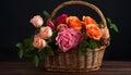 Beautiful Handmade Roses Basket in Wicker - The Perfect Mother\'s Day Gift, generative AI Royalty Free Stock Photo