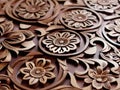 beautiful handmade wooden cut flowers on wooden background, Ai generated