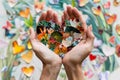 Beautiful hands holding a colorful heart made of collage paper cutouts with a blurred background of butterflies