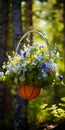 Beautiful Hanging Basket With Flowers In Forest Royalty Free Stock Photo
