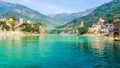 Beautiful hanging bridge across the Ganga River in Rishikesh, Uttarakhand, India Royalty Free Stock Photo