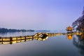 Beautiful hangzhou in sunset and ancient pavilion