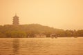 Beautiful hangzhou west lake scenery, leifeng pagoda at sunset