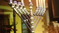 Beautiful hannukah menora with six burning candles indoors. Jewish holidays celebration