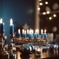 Festive Hanukkah Menorah on Blue and Silver Table