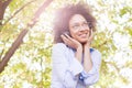 Beautiful Happy Afro American Young Woman Listening Music In Nature Royalty Free Stock Photo