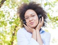 Beautiful Happy Afro American Young Woman Listening Music In Nature Royalty Free Stock Photo