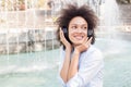 Beautiful Happy Afro American Young Woman Listening Music Royalty Free Stock Photo