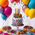 Beautiful happy birthday Background With Balloons, cake with candles by Ai generated Royalty Free Stock Photo