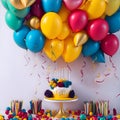 Beautiful happy birthday Background With Balloons, cake with candles by Ai generated Royalty Free Stock Photo