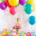 Beautiful happy birthday Background With Balloons, cake with candles by Ai generated Royalty Free Stock Photo