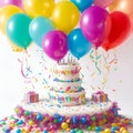 Beautiful happy birthday Background With Balloons, cake with candles by Ai generated Royalty Free Stock Photo