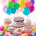 Beautiful happy birthday Background With Balloons, cake with candles by Ai generated Royalty Free Stock Photo