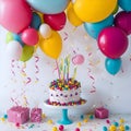 Beautiful happy birthday Background With Balloons, cake with candles by Ai generated Royalty Free Stock Photo