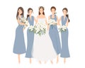 beautiful happy bride and bridesmaid in blue gown wedding ceremony