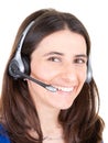 Beautiful happy call center consultant smiling woman with headset phone in white background Royalty Free Stock Photo