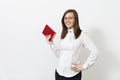 Beautiful caucasian young brown-hair business woman isolated on white background. Manager or worker. Copy space advertisement Royalty Free Stock Photo