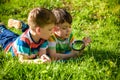 Beautiful happy children, boy brothers, exploring nature with ma Royalty Free Stock Photo