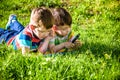 Beautiful happy children, boy brothers, exploring nature with magnifying glass, summertime Royalty Free Stock Photo