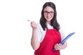 Beautiful happy clerk holding clipboard Royalty Free Stock Photo