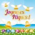 Beautiful and colorful French Happy Easter greeting card V with easter eggs and bells. Royalty Free Stock Photo