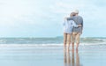 Beautiful happy elderly couple rest at tropical resort,back view Royalty Free Stock Photo