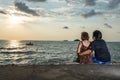 Beautiful happy elderly couple rest at tropical resort,back view Royalty Free Stock Photo