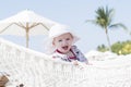 Beautiful Happy Expressive Blond Girl Toddler with Sun Protection in a Pool