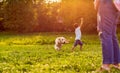 Beautiful happy family is having fun with golden retriever - Boy Royalty Free Stock Photo