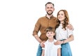 beautiful happy family with one kid standing together and smiling at camera Royalty Free Stock Photo