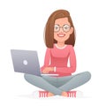 Beautiful happy girl in glasses sits cross-legged with a laptop on her lap. White slender woman sits in a lotus position on the