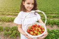 Beautiful happy girl holding basket with red strawberries. Royalty Free Stock Photo