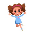 Beautiful Happy Girl in Light Blue Dress Happily Jumping, Cute Preschool Kid Having Fun, Celebrating Holiday Cartoon