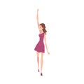 Beautiful Happy Girl in Purple Short Dress Standing and Rising Her Hand Vector Illustration